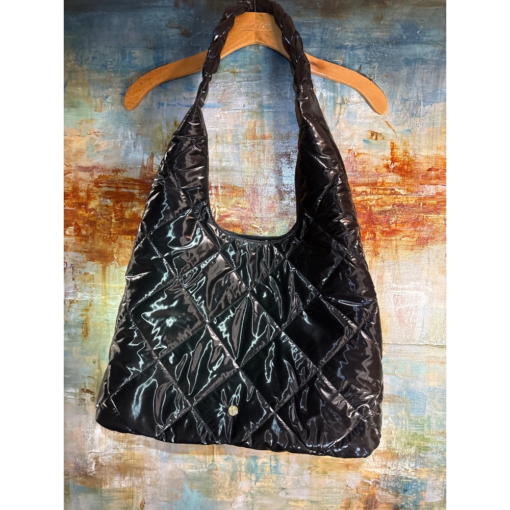 House of Harlow 1960 Black Quilted Puffer Hobo Bag Patent Braided Strap Pouch